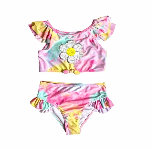 NWT Nicole Miller Girl’s 2 Piece Tie Dyed Swimsuit with Sequined Sunflower - Picture 12 of 14